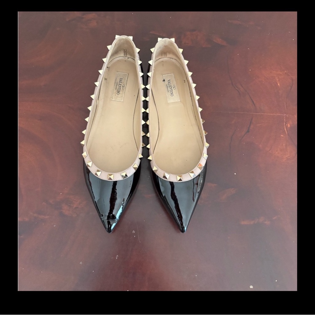 Valentino Black Patent Leather Ballerina Flats With Gold Studs 39
